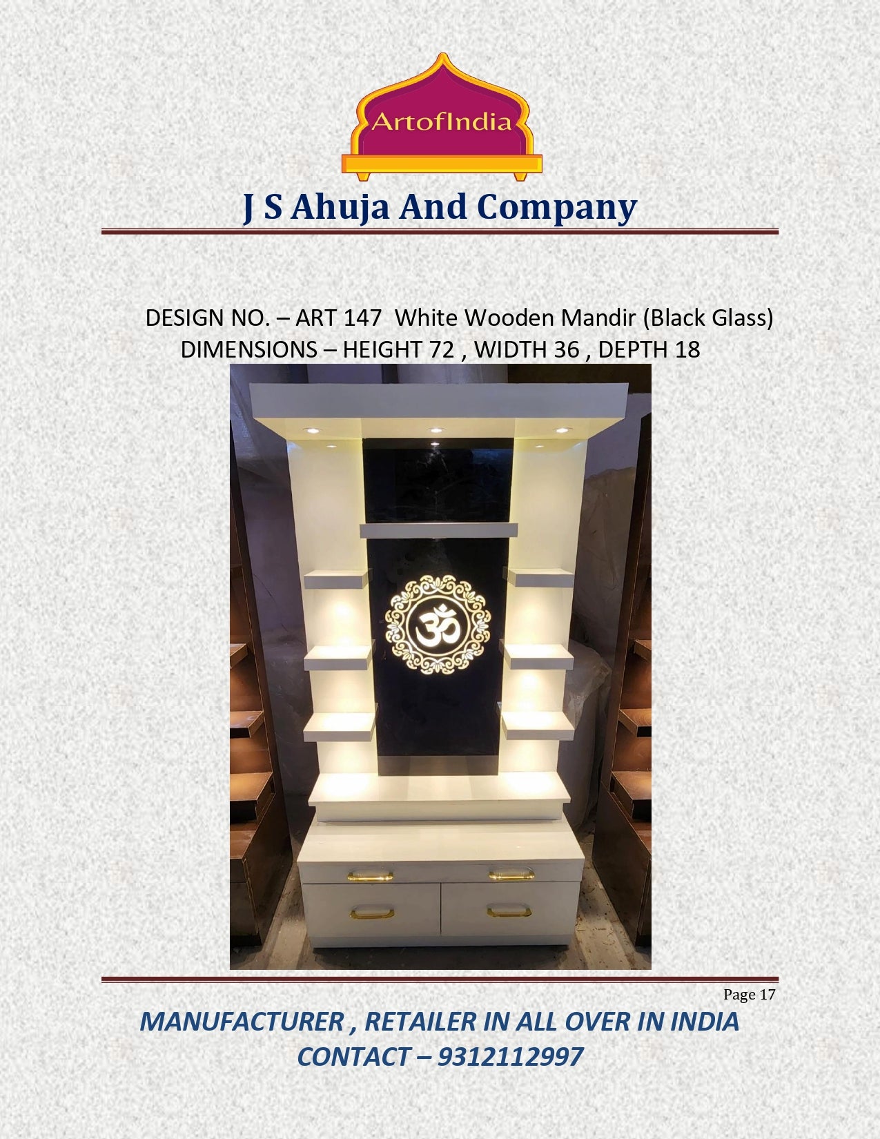 ARTOFINDIA/Gorgoeus White Wooden Designer Mandir With (OM) Backlight Glass & Shelfs For Home /Designer Temple