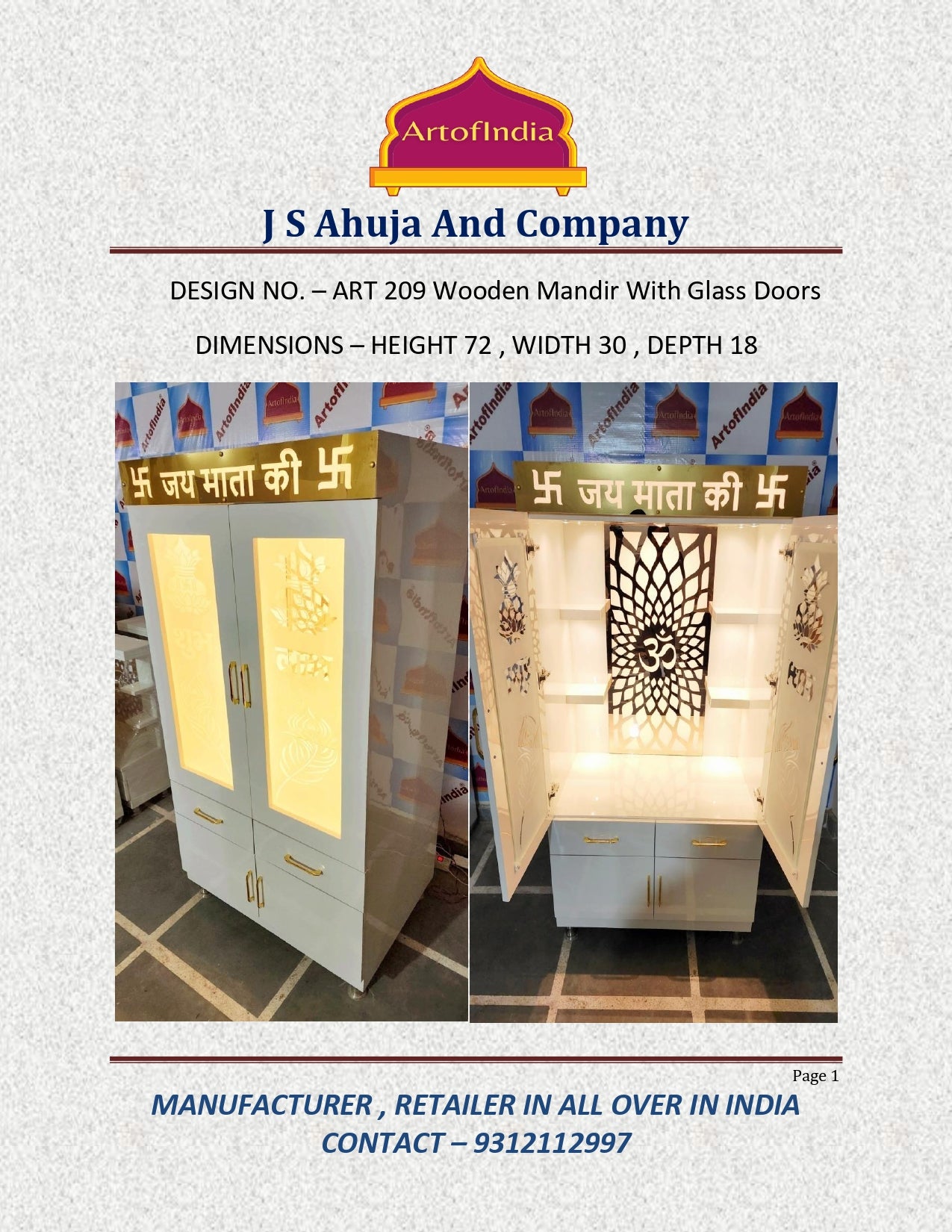 ARTOFINDIA/ Elegant Designer White Wooden Mandir (Jai Mata Ki & Om) With (Shubh labh) Glass Doors For Home/Designer Temple