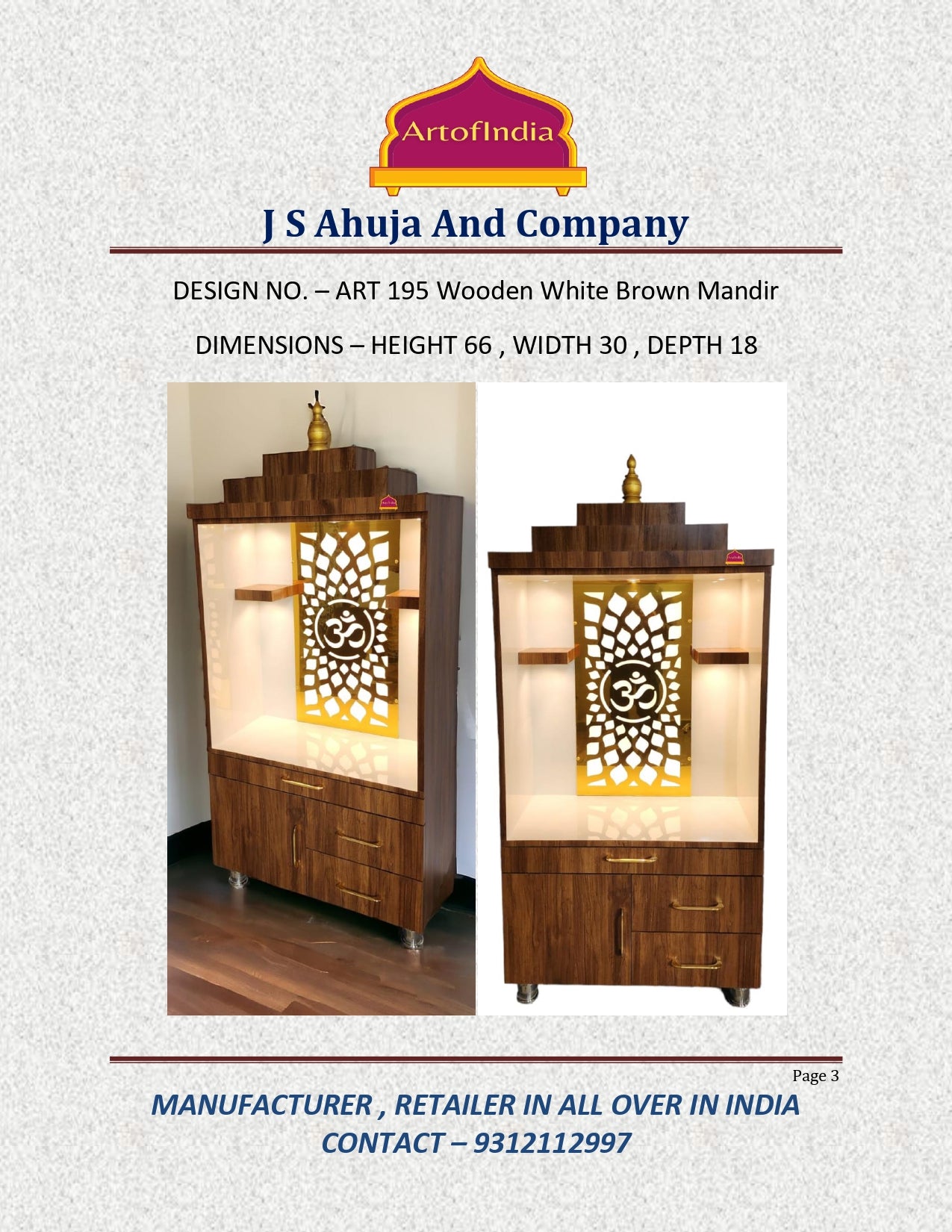 ARTOFINDIA/ Beautiful White & Brown Designer Wooden Mandir With 2 Shelfs For Home/Designer Temple