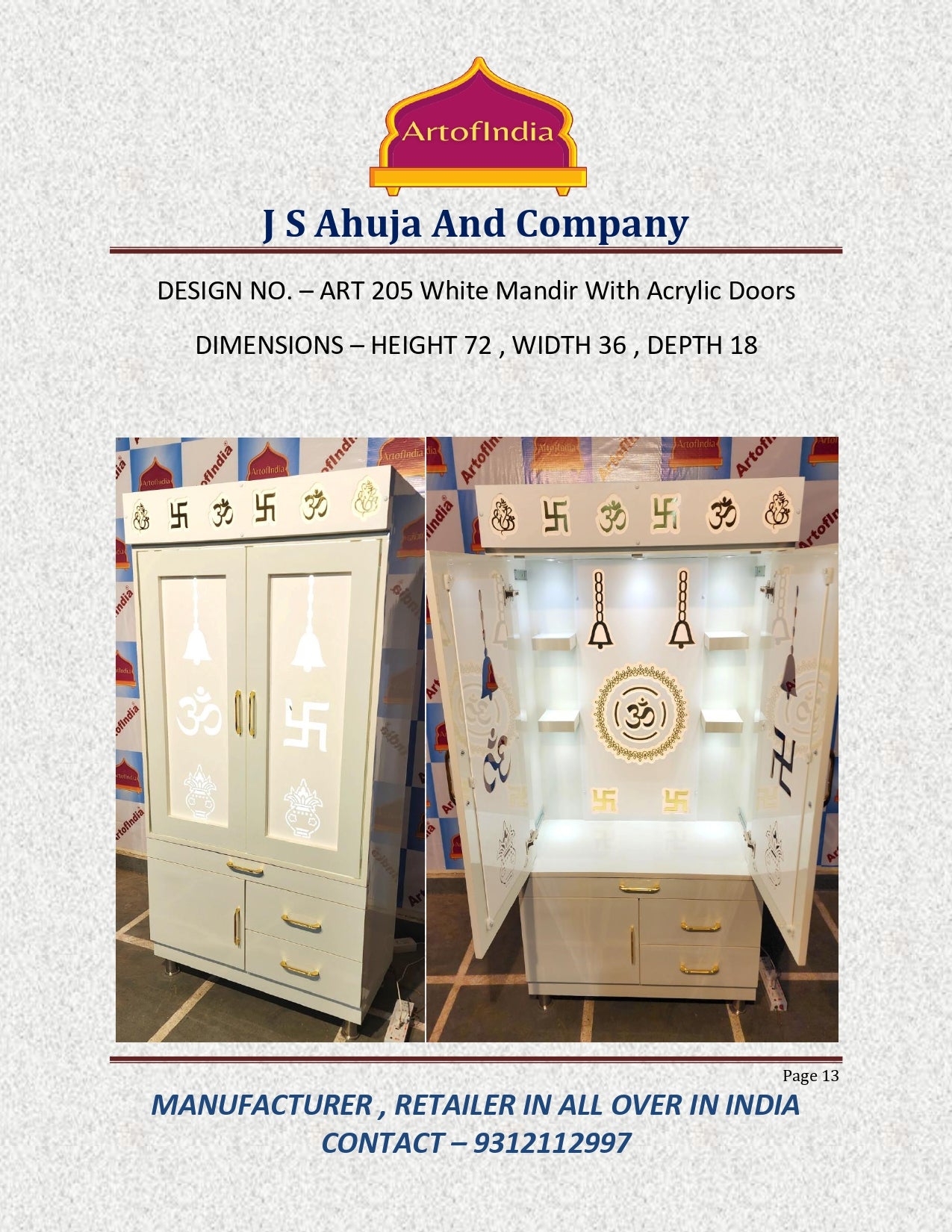 ARTOFINDIA/ Beautiful White Designer Wooden Mandir With Pocket (Om, Ghanti & kalas) Acrylic Doors For Home/Designer Temple