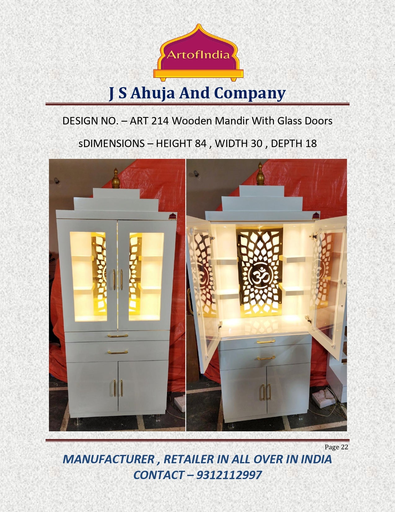 ARTOFINDIA/ Beautiful Designer White (Om) Design Wooden Mandir With Glass Doors & Shelfs For Home/Designer Temple