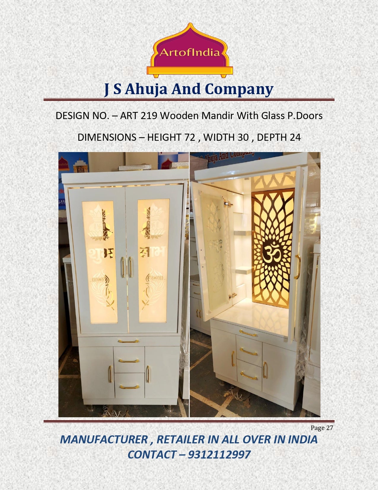 ARTOFINDIA/ Beautiful White Wooden Designer Mandir With Pocket (Shubh Labh & Kalas) Designed Glass Doors For Home/Designer Temple