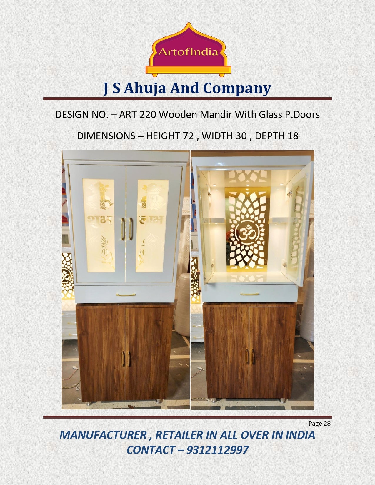 ARTOFINDIA/ Beautiful White & Brown Wooden (OM) Designer Mandir With Pocket (Shubh Labh & Kalas) Designed Glass Doors For Home/Designer Temple