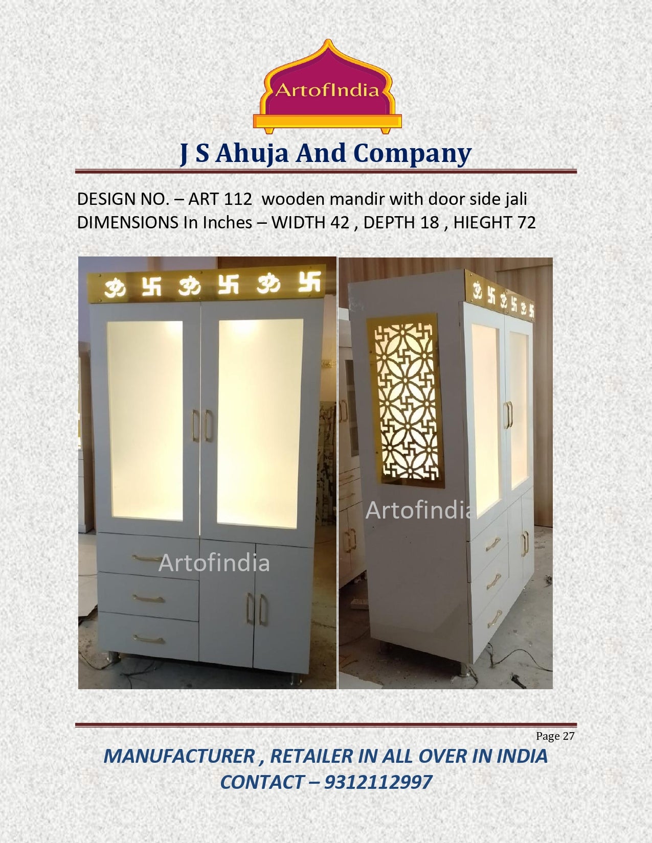 ARTOFINDIA/Beauiful White Elegant Wooden Mandir With Glass Door & Beautiful Designer Side Jali For Home /Designer Temple