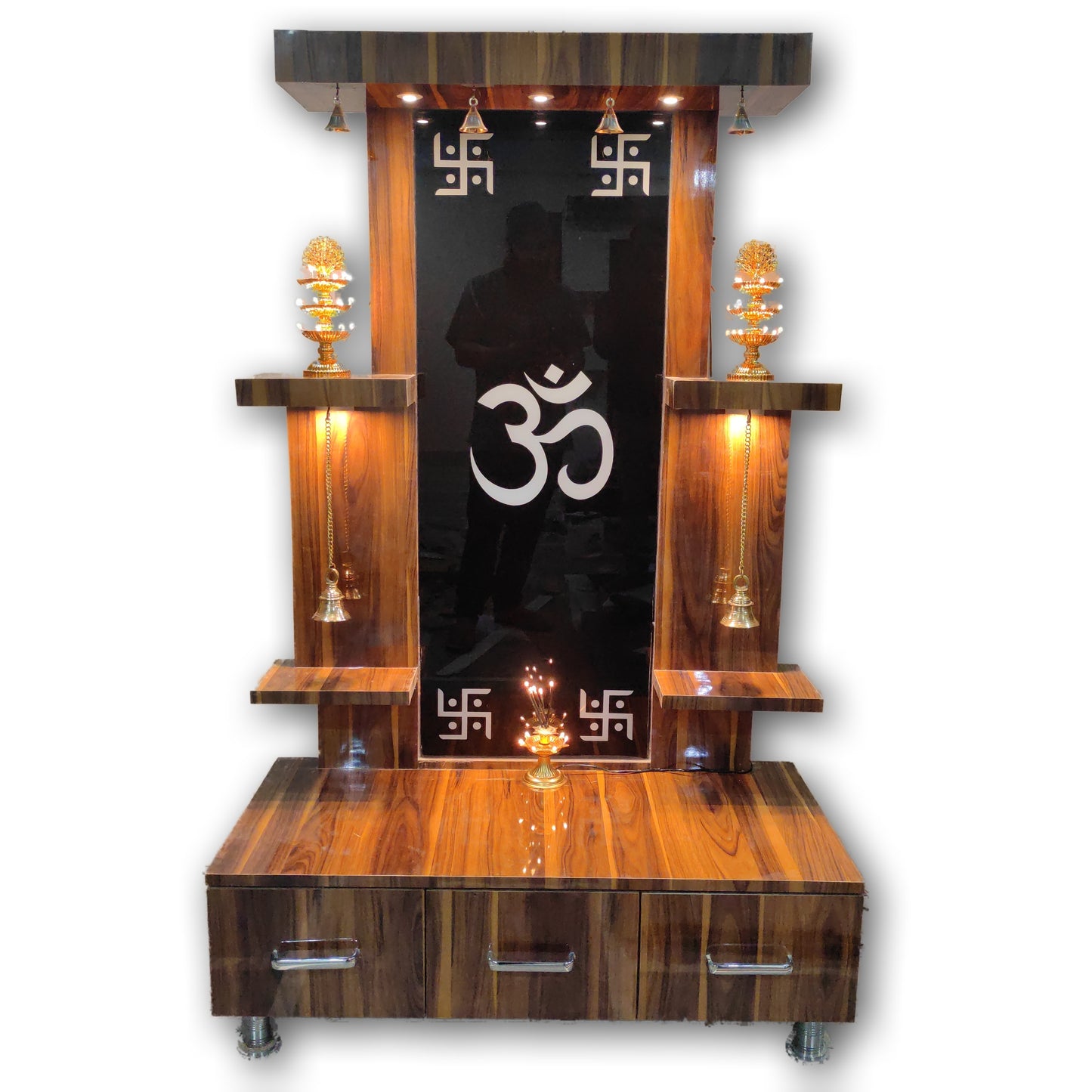 ARTOFINDIA/Designer Om Black Glass White Pooja Temple For Home/Designer Temple