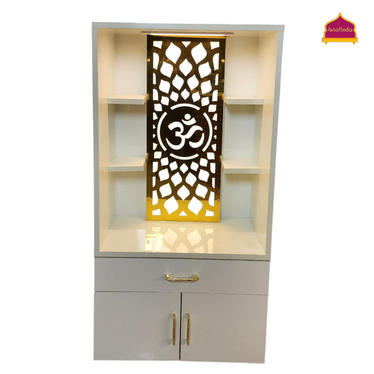 ARTOFINDIA White Wooden Pooja Mandir  With Om Jali With Drawers Including Tray