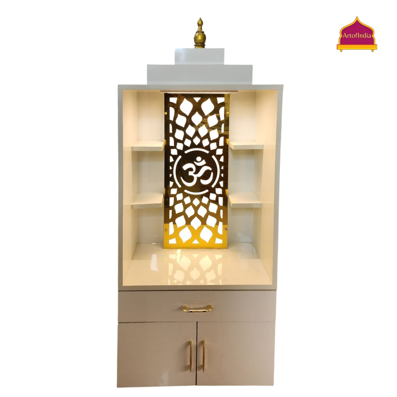 ARTOFINDIA White Wooden Pooja Mandir  With Om Jali With Folding Gumbad Drawers Including Tray