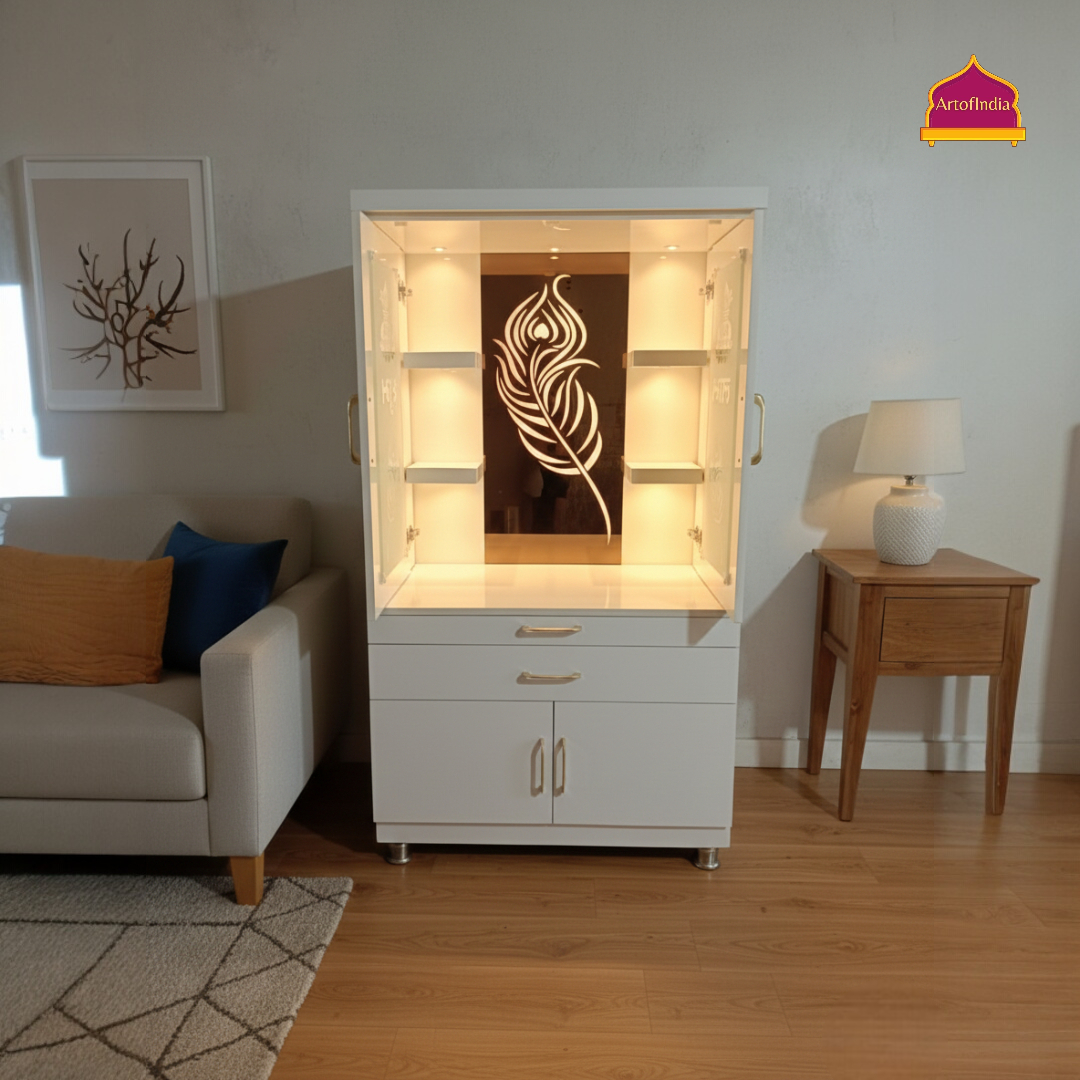 ARTOFINDIA White Wooden Pooja Mandir With Mor Pankh Design Glass  And Doors  With  Drawers Included Tray