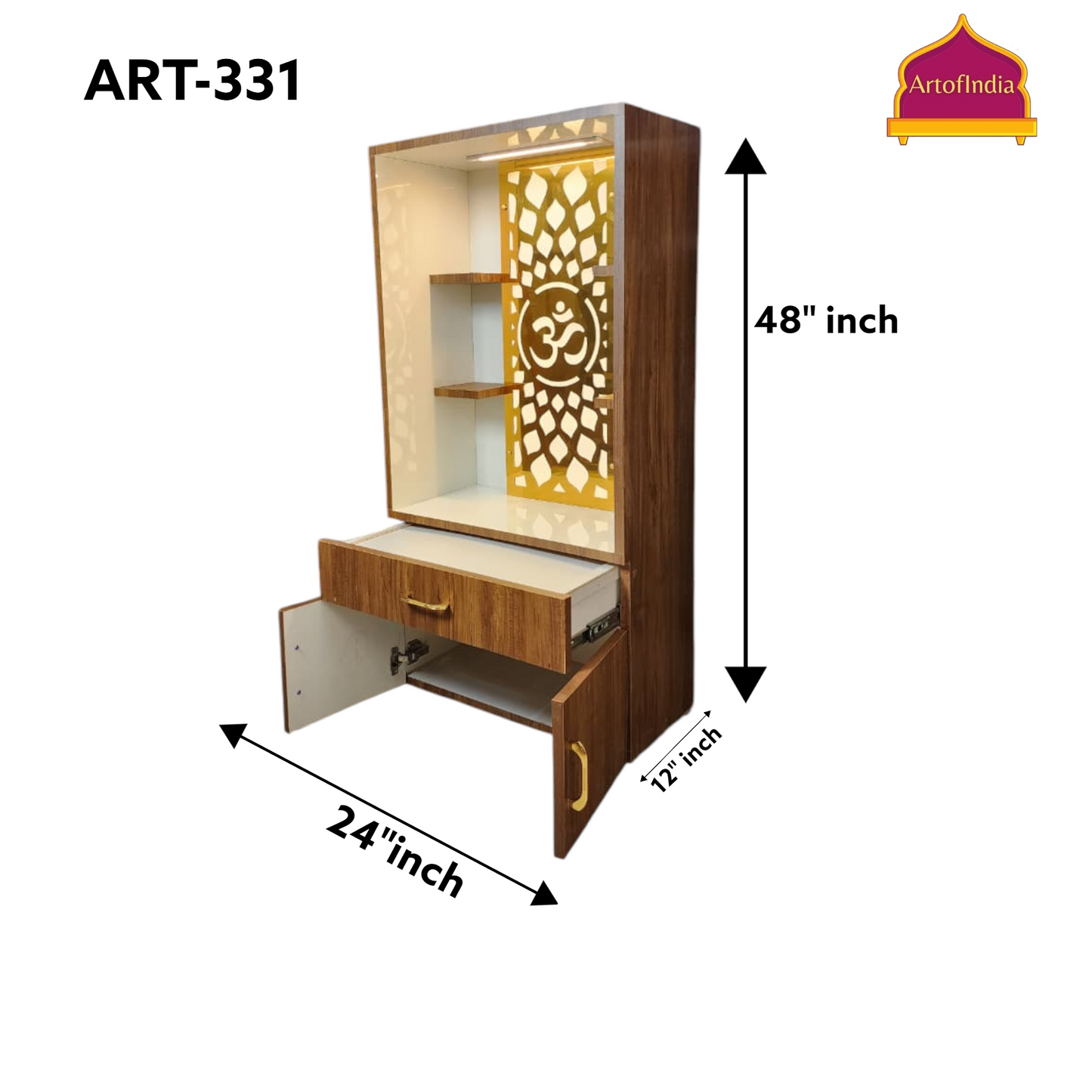 ARTOFINDIA White Brown Wooden Pooja Mandir  With Om Jali With Drawers Including Tray