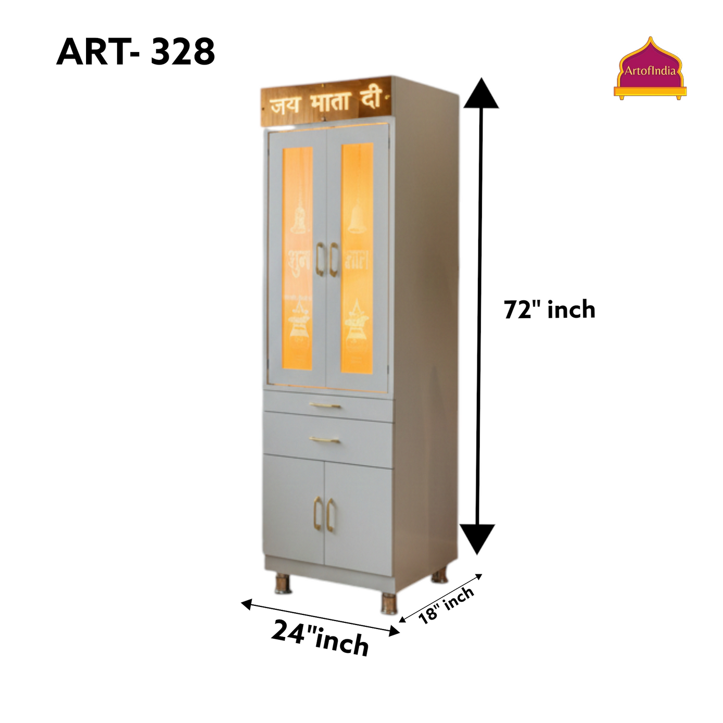 ARTOFINDIA White  Wooden Corian  Mandir With  Mata Ji Design Corian Mandir  With Drawers Included Tray