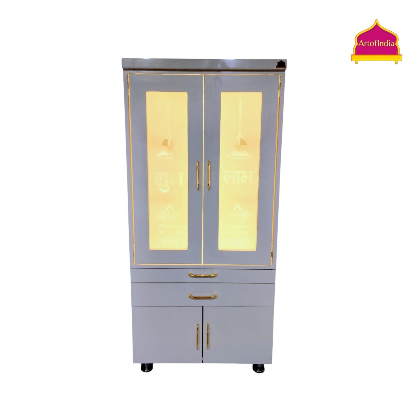 ARTOFINDIA White Wooden Pooja Mandir With  glass Door and Drawers Included Tray