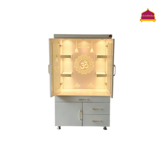 ARTOFINDIA White Wooden Pooja Mandir With Om Design Glass and Doors With  Drawers Included Tray