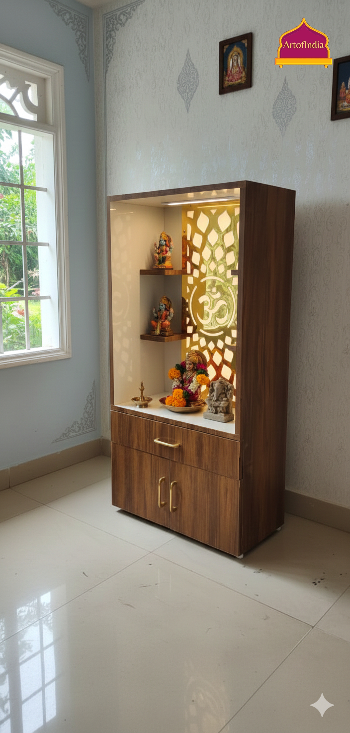 ARTOFINDIA White Brown Wooden Pooja Mandir  With Om Jali With Drawers Including Tray
