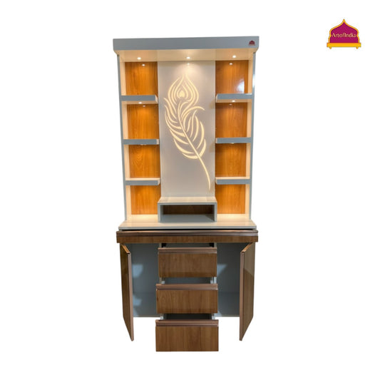 ARTOFINDIA White Wooden Pooja Mandir With Jain Glass And Doors  With  Drawers Included Tray