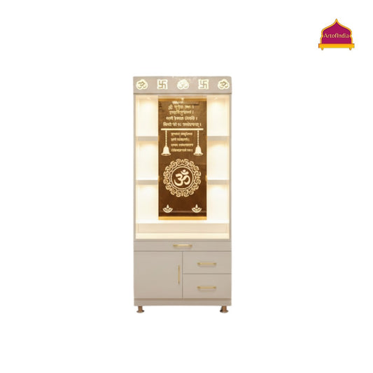 ARTOFINDIA White Wooden Pooja Mandir With Om Design Glass With  Drawers Included Tray