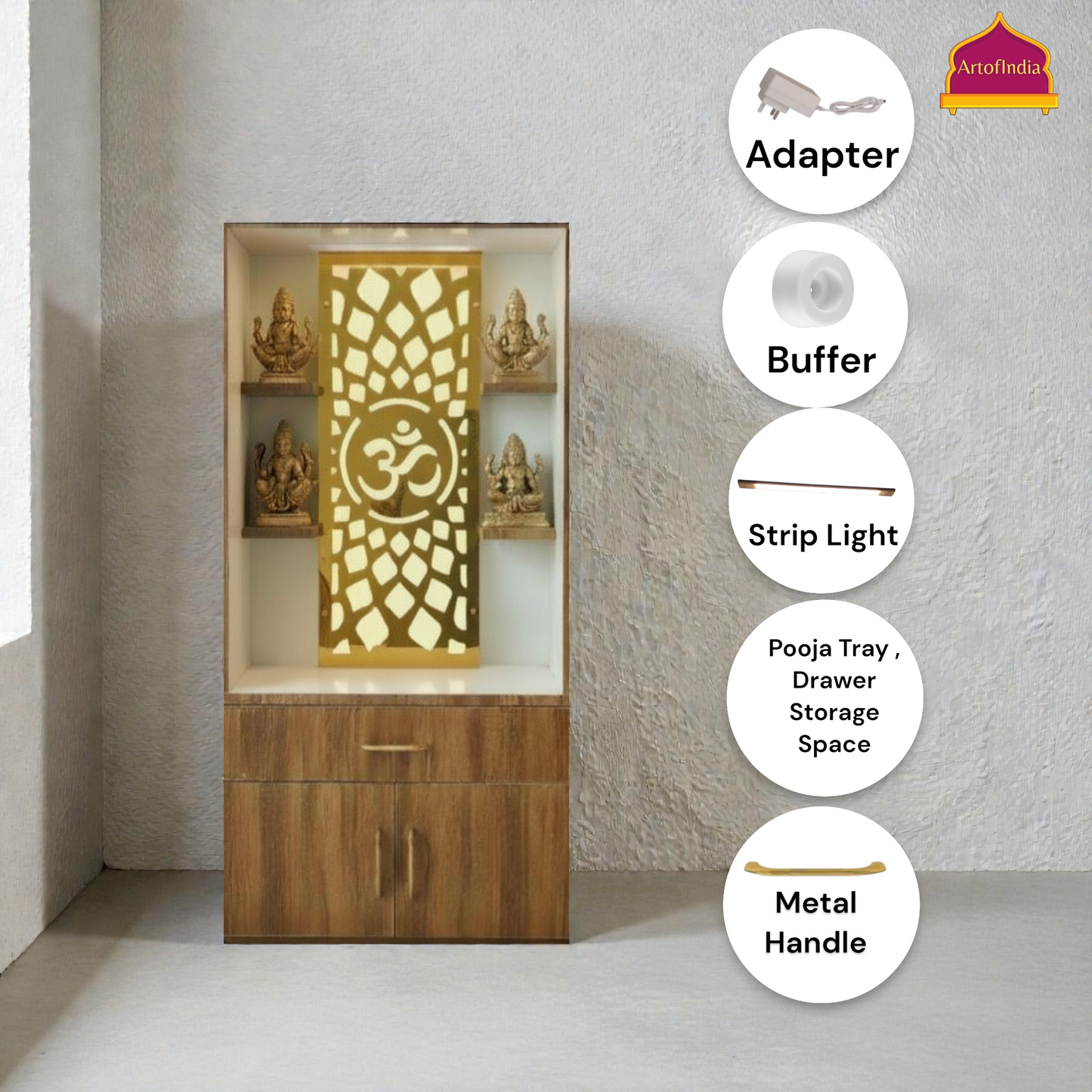 ARTOFINDIA White Brown Wooden Pooja Mandir  With Om Jali With Drawers Including Tray