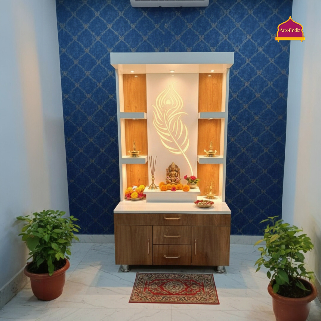 ARTOFINDIA White Wooden Pooja Mandir With Mor Pankh  Design Glass  and Drawers Included Tray