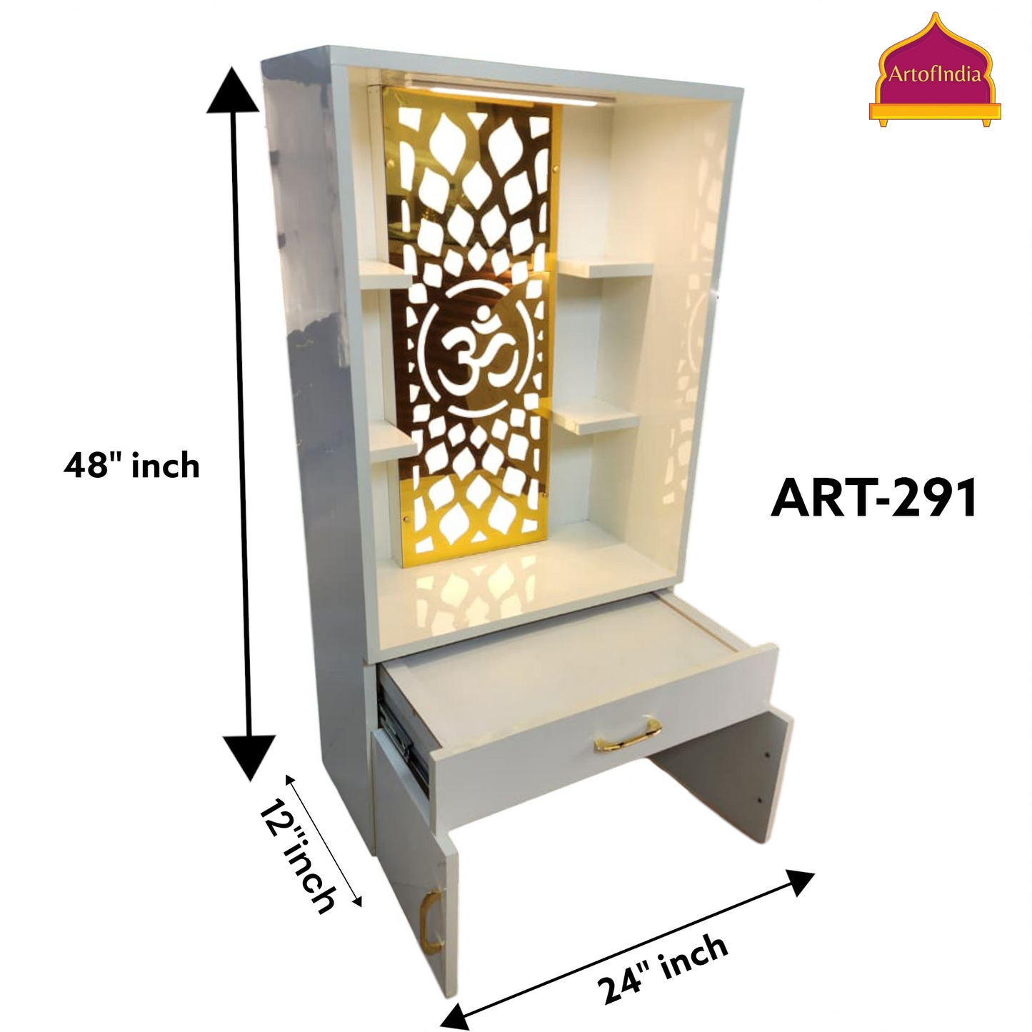 ARTOFINDIA White Wooden Pooja Mandir  With Om Jali With Drawers Including Tray
