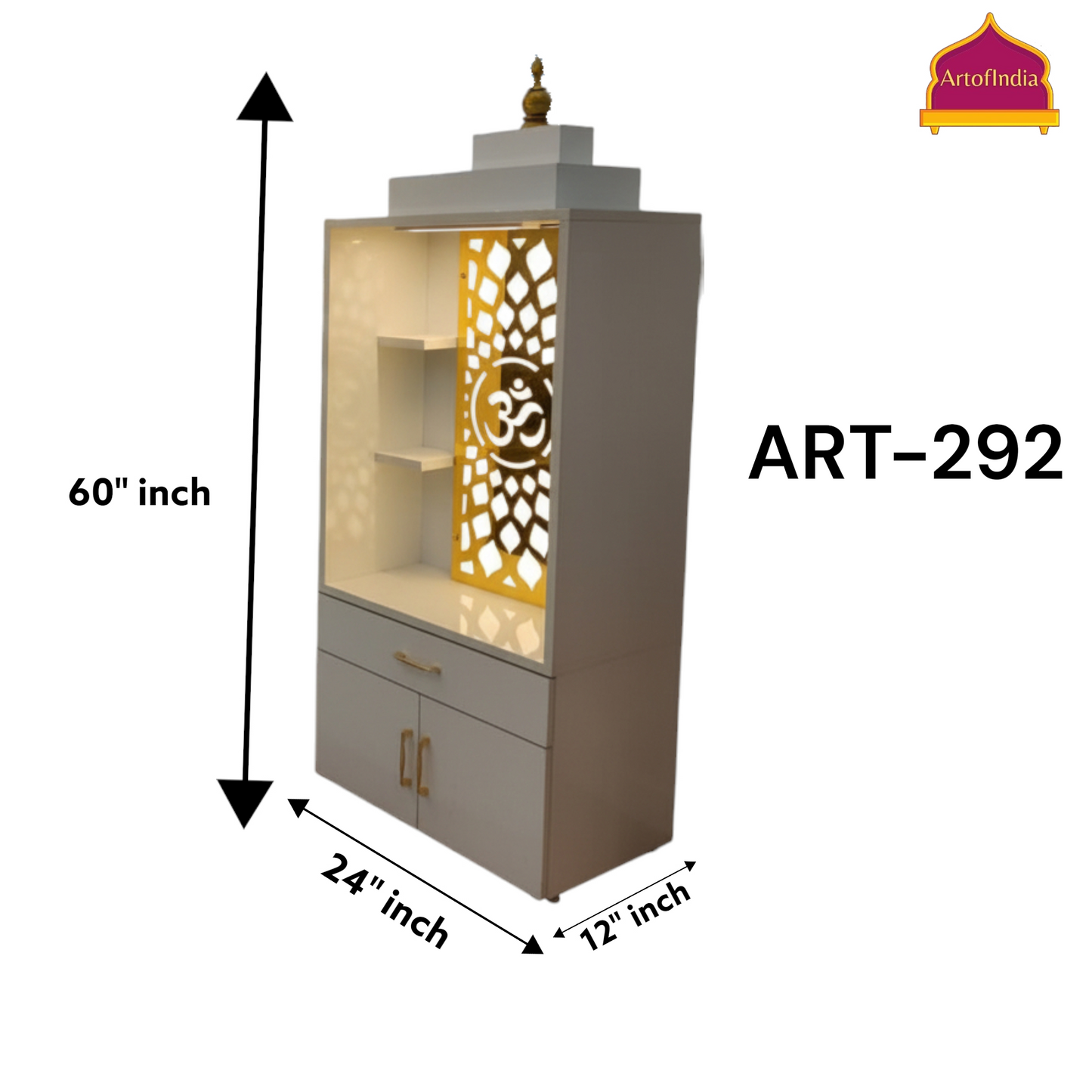 ARTOFINDIA White Wooden Pooja Mandir  With Om Jali With Folding Gumbad Drawers Including Tray