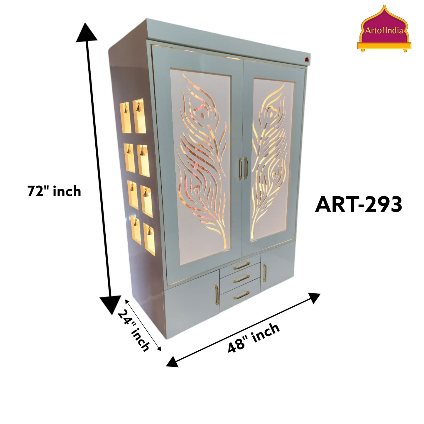 ARTOFINDIA White Corean Pooja Mandir With  Krishna ji Design & Door and Drawers Included Tray