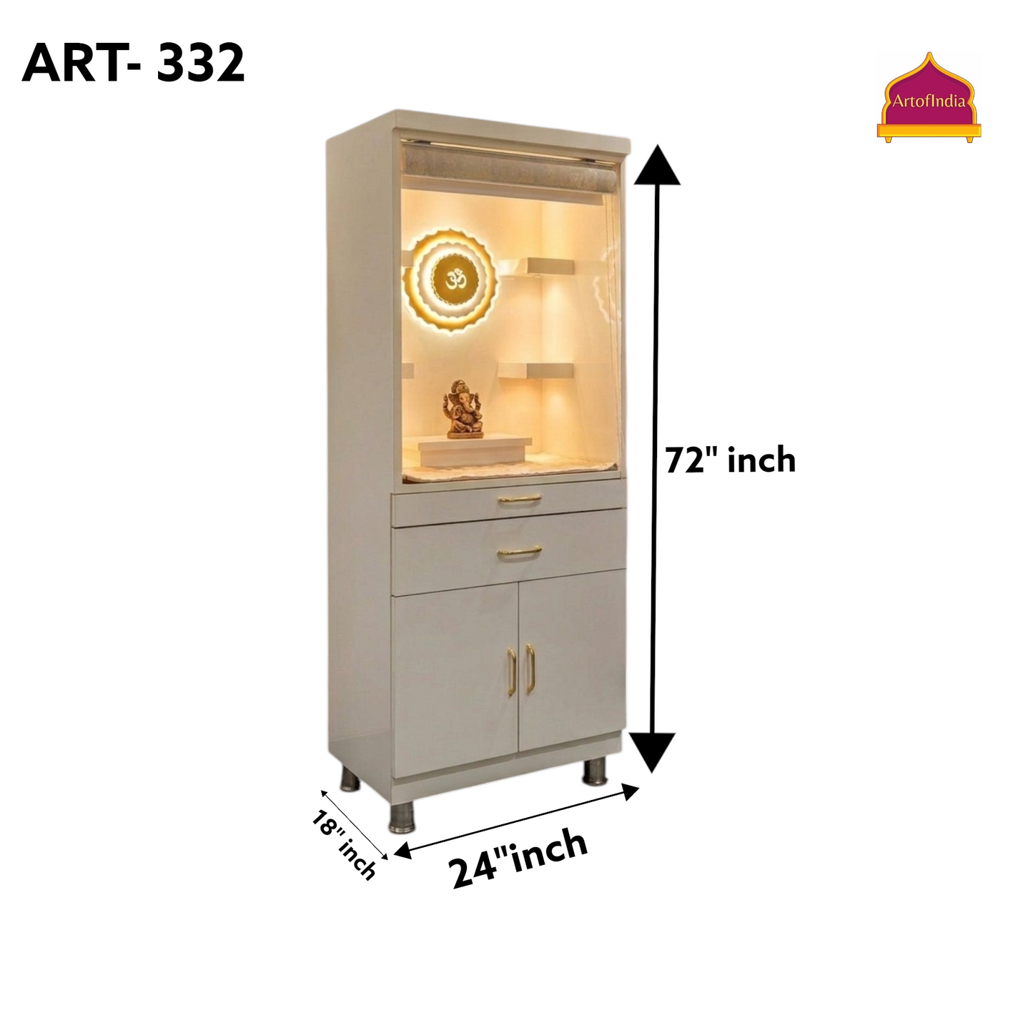 ARTOFINDIA White Wooden Pooja Mandir With Om Gola With Blind  And Drawers Included Tray