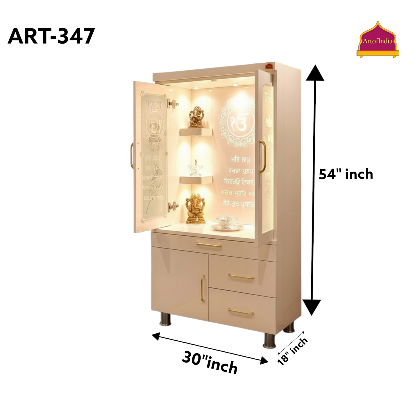 ARTOFINDIA White  Wooden Pooja Mandir  With Sikh Glass  With P. Doors And Drawers Including Tray