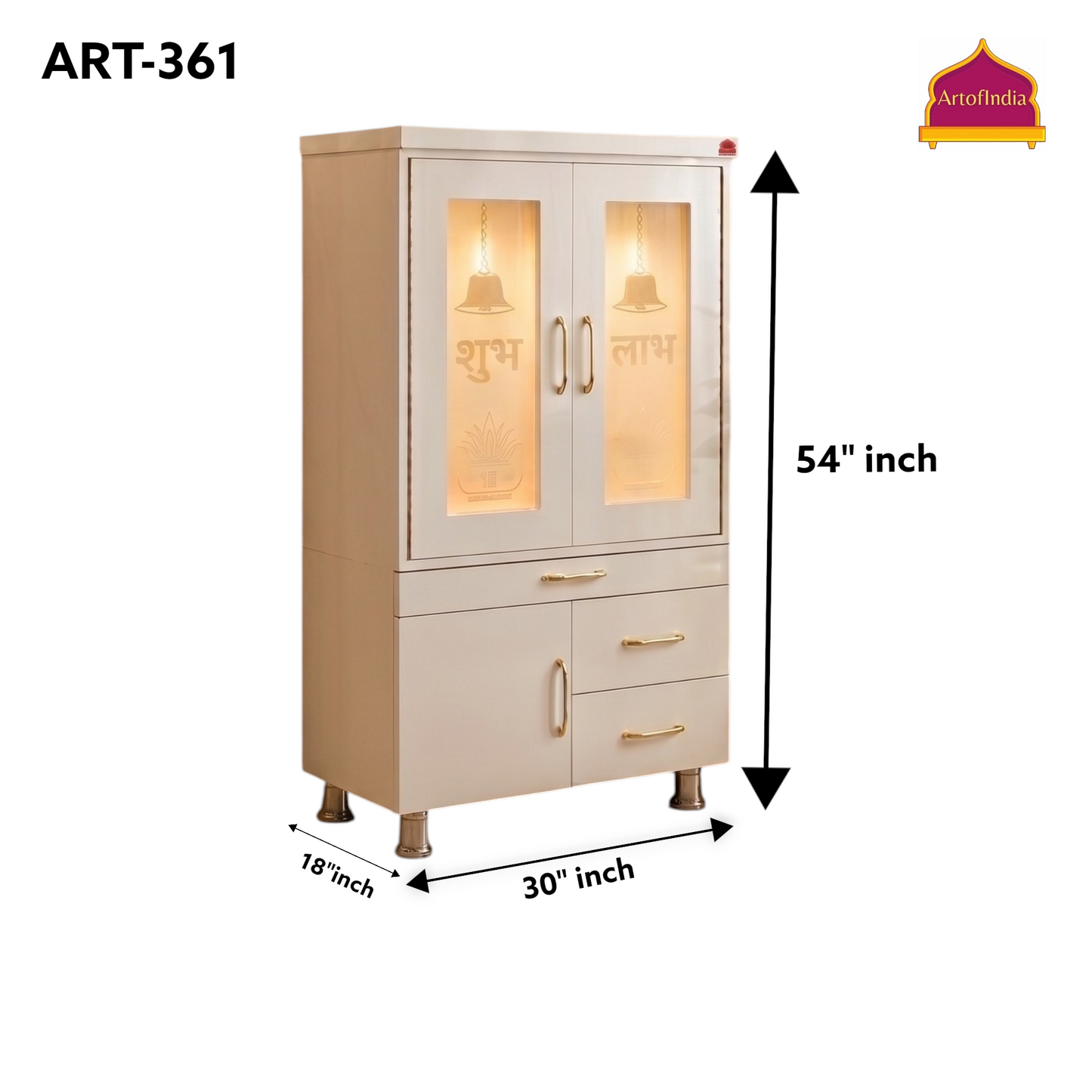 ARTOFINDIA White  Wooden Pooja Mandir  With Om Full Glass With P. Doors And Drawers Including Tray