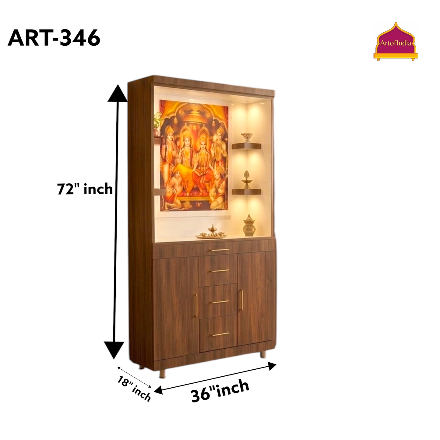 ARTOFINDIA White Brown Wooden Pooja Mandir  With Ram DarWith Drawers Including Tray