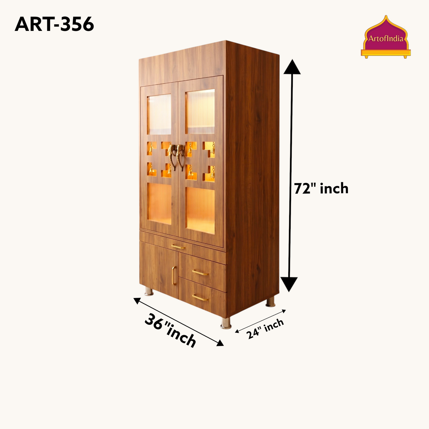 ARTOFINDIA Brown Wooden Pooja Mandir With Trishul  Glass  and  flueted  Glass Door & and Drawers Included Tray