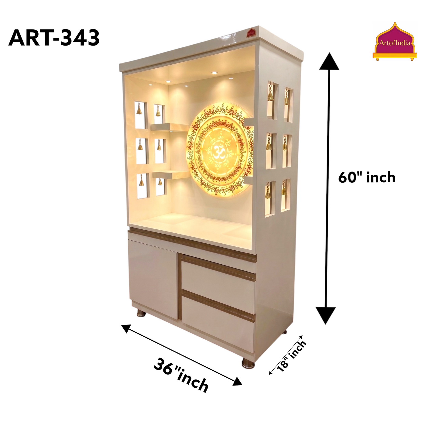 ARTOFINDIA White  Wooden Pooja Mandir  With Om Acrlyic Gola With Drawers Including Tray