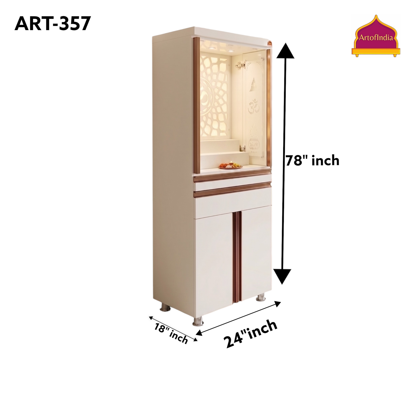 ARTOFINDIA White Wooden Pooja Mandir  With Om Acrlyic Design,Om  Design  with profile & shelfs  and drawers & tray