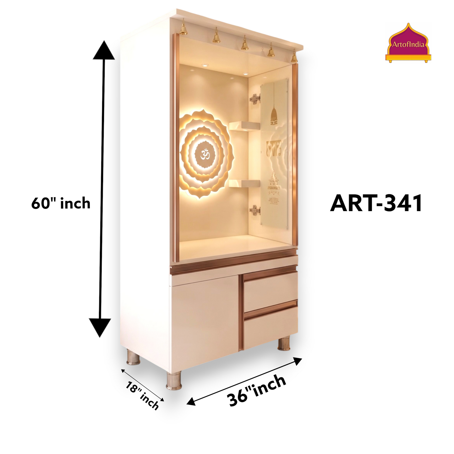 ARTOFINDIA White  Wooden Pooja Mandir  With Om Gola With P.Doors Drawers Including Tray