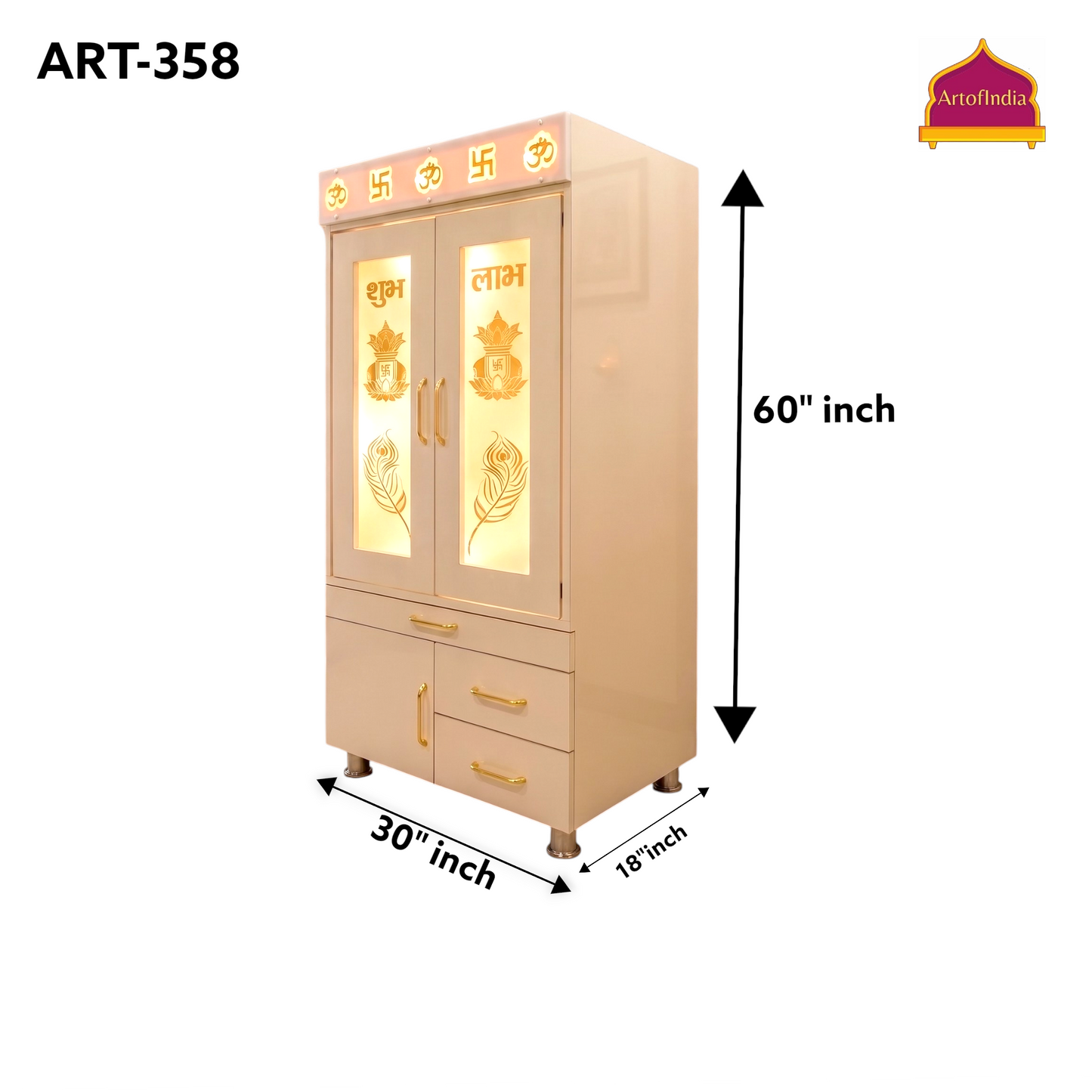 ARTOFINDIA White  Wooden Pooja Mandir  With Om Swastik Patti and  Om Glass  With P. Doors And step  Drawers Including Tray