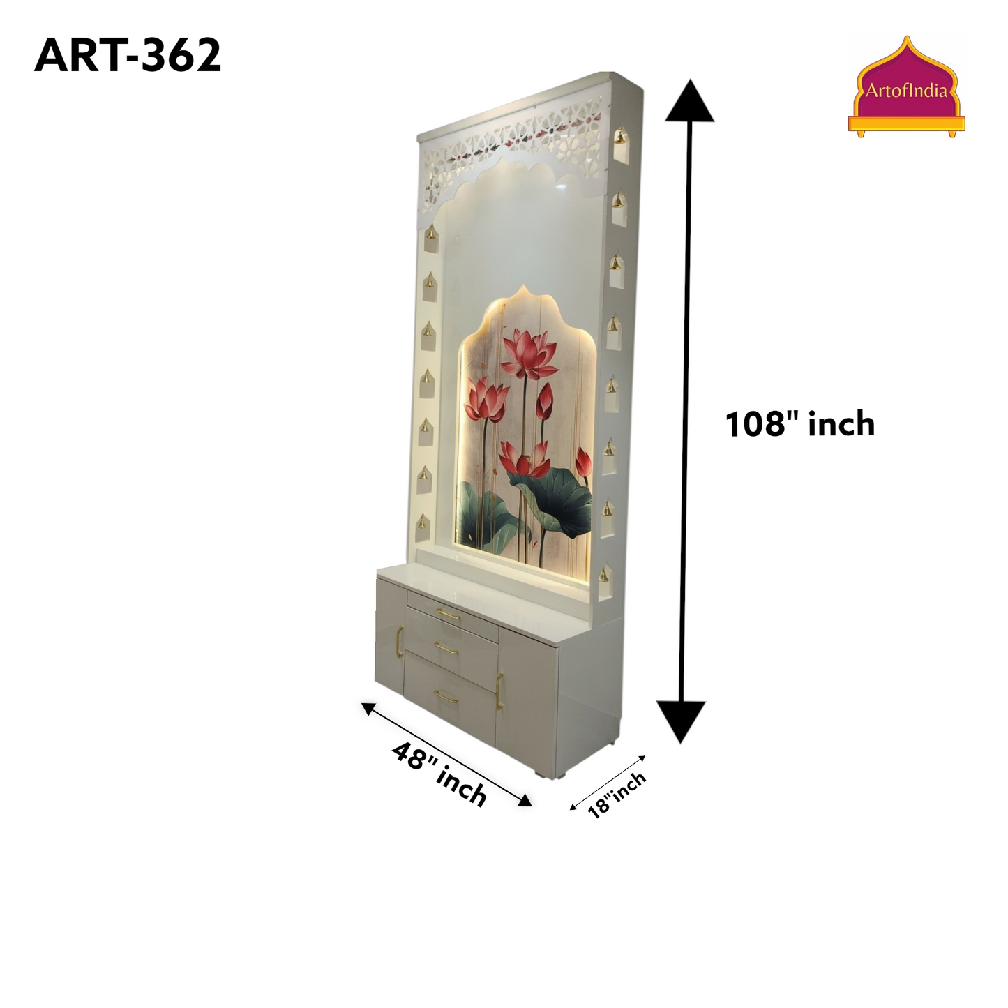 ARTOFINDIA White Wooden Pooja Mandir With Lotus Design & bells &  Mehrab   and Drawers Included Tray