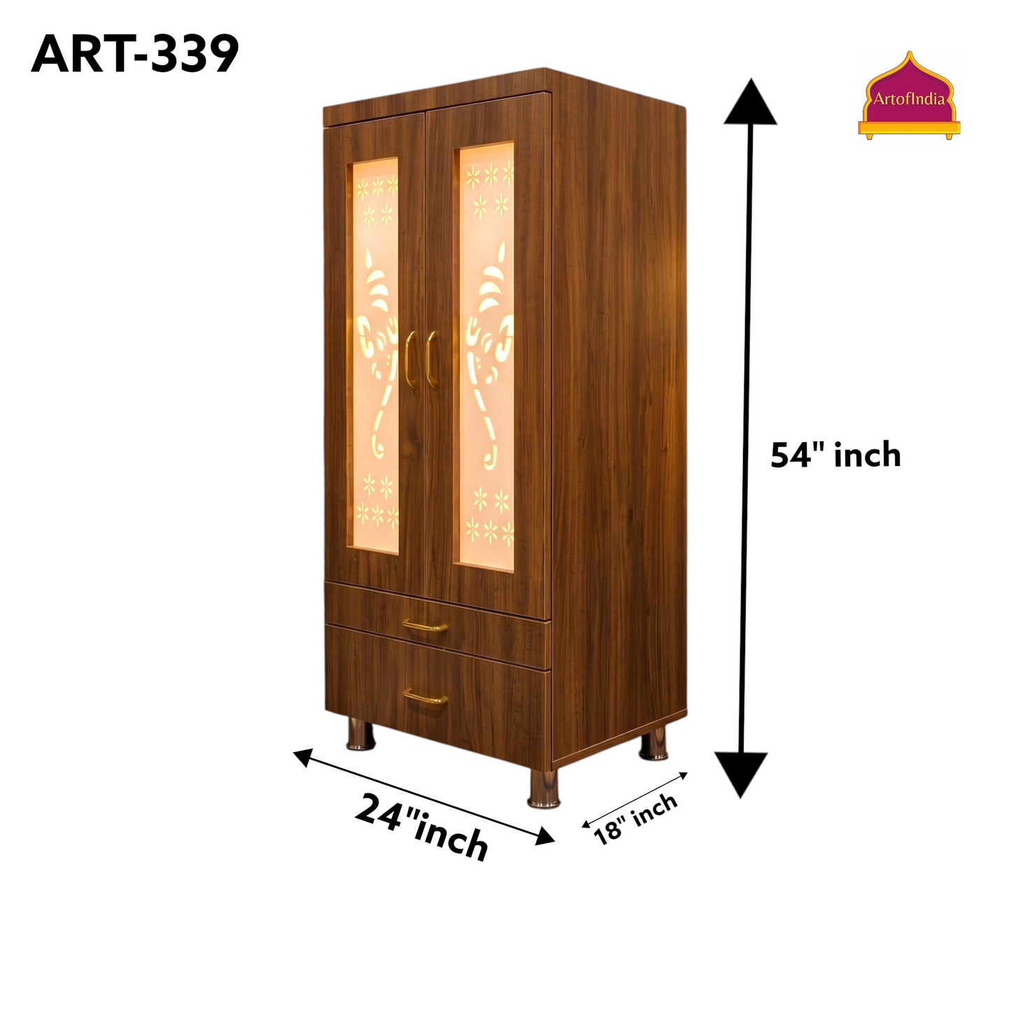 ARTOFINDIA White Brown Wooden Pooja Mandir  With Om Jali With Door  Drawers Including Tray