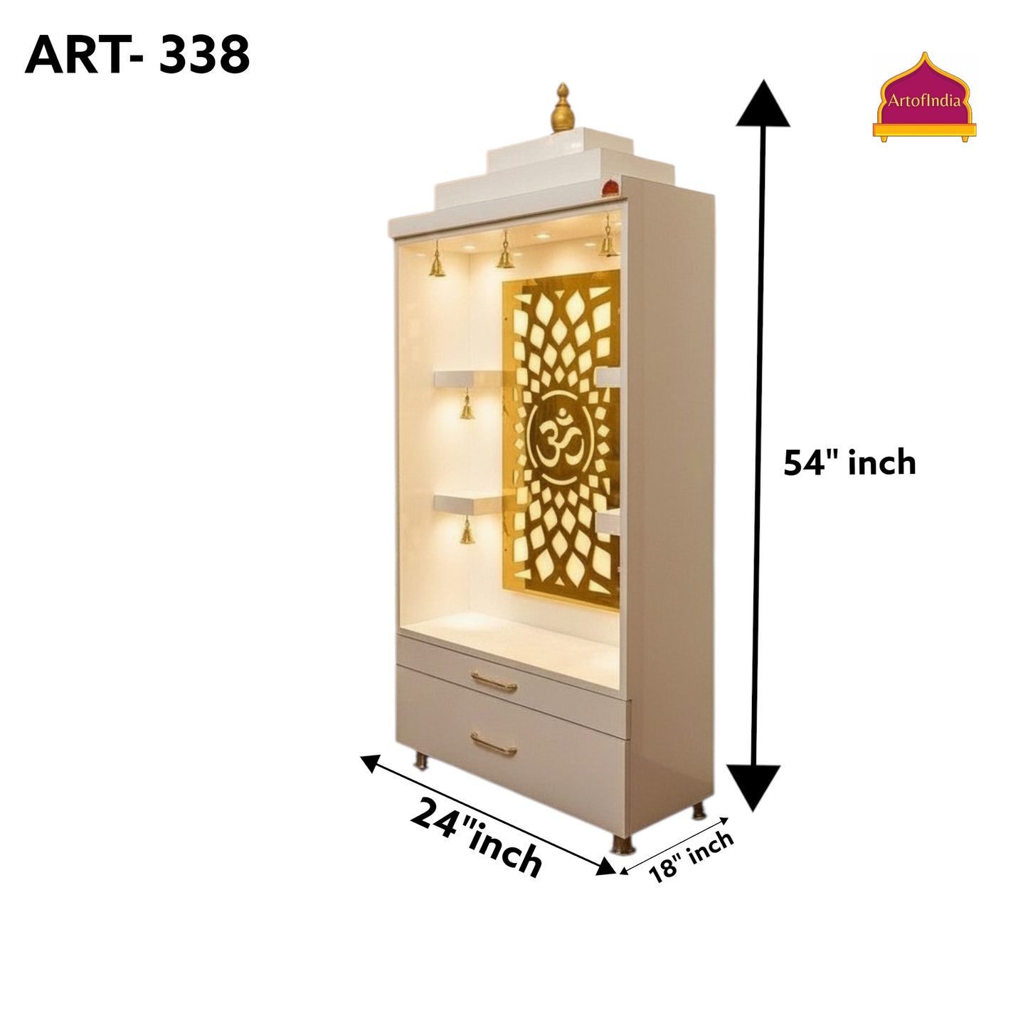 ARTOFINDIA White  Wooden Pooja Mandir  With Om Jali With Bells & Drawers Including Tray