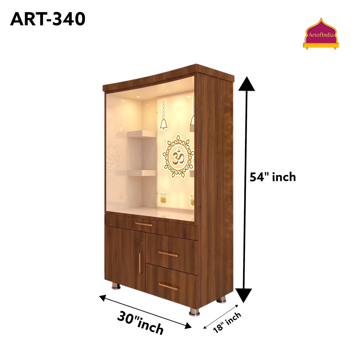 ARTOFINDIA White Brown Wooden Pooja Mandir  With Om Acralyic Design With Drawers Including Tray