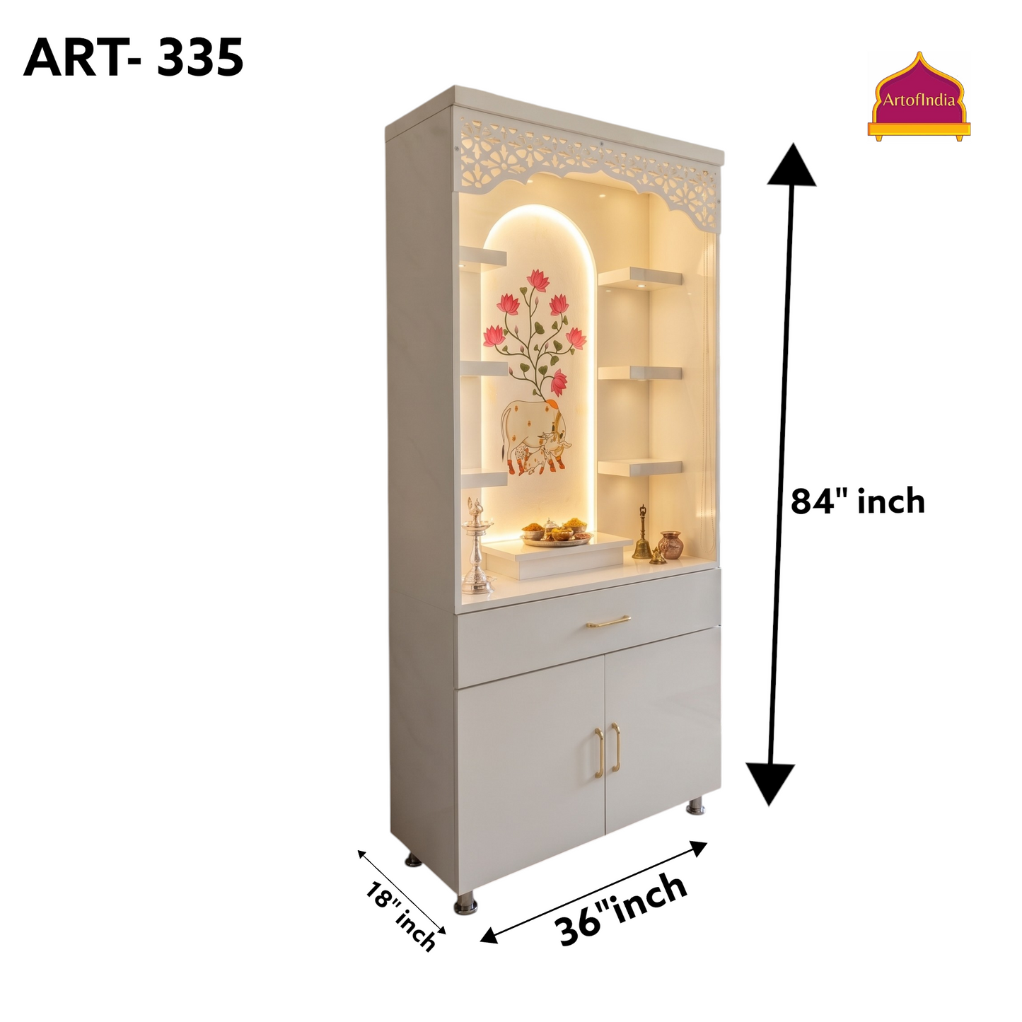 ARTOFINDIA Beautiful White Designer Wooden Mandir With  Lotus Design For Home/ Designer Temple