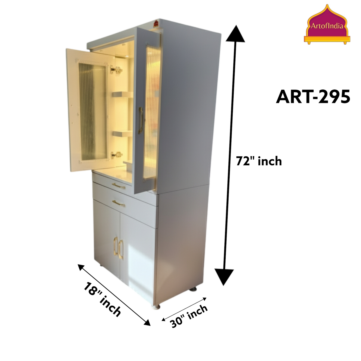ARTOFINDIA White Wooden Pooja Mandir With Lotus Glass  Design &  Glass Doors and Drawers Included Tray
