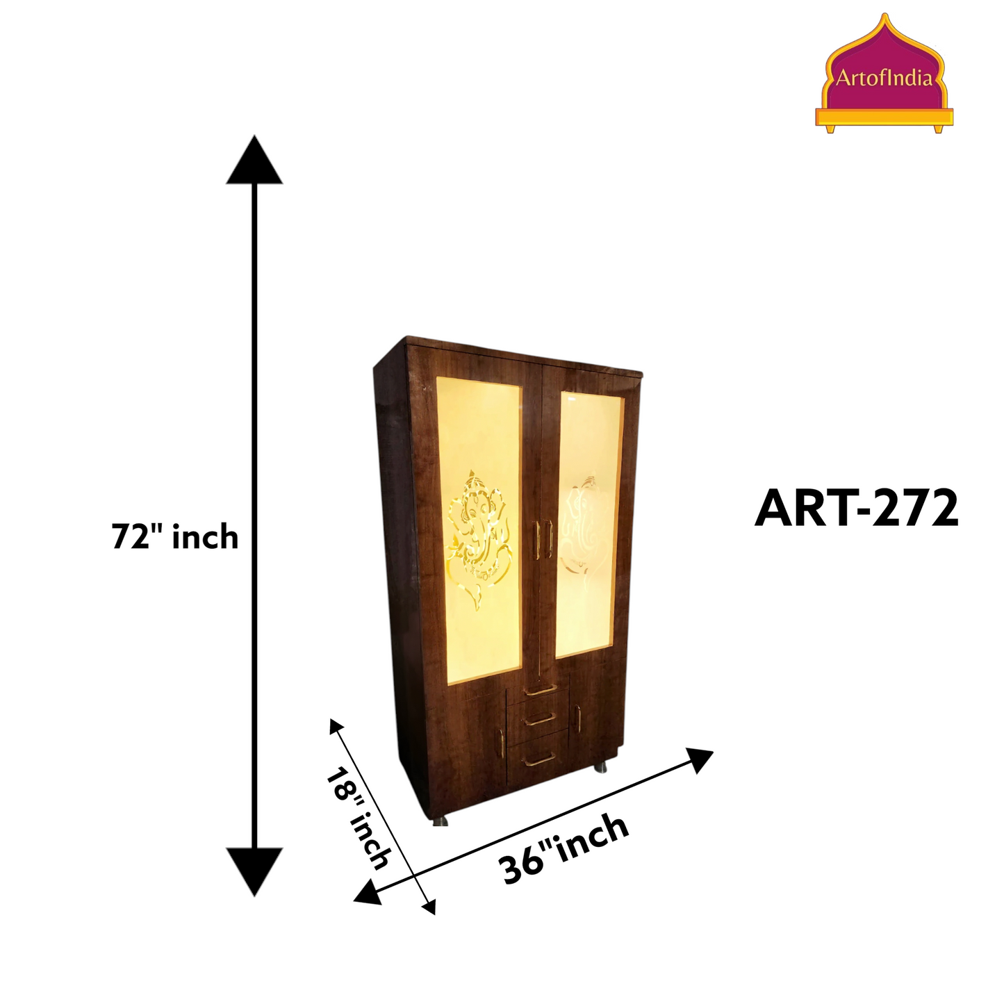 ARTOFINDIA Brown Wooden Pooja Mandir Ganesh Doors ,Om jali  with shelfs  and drawers &tray