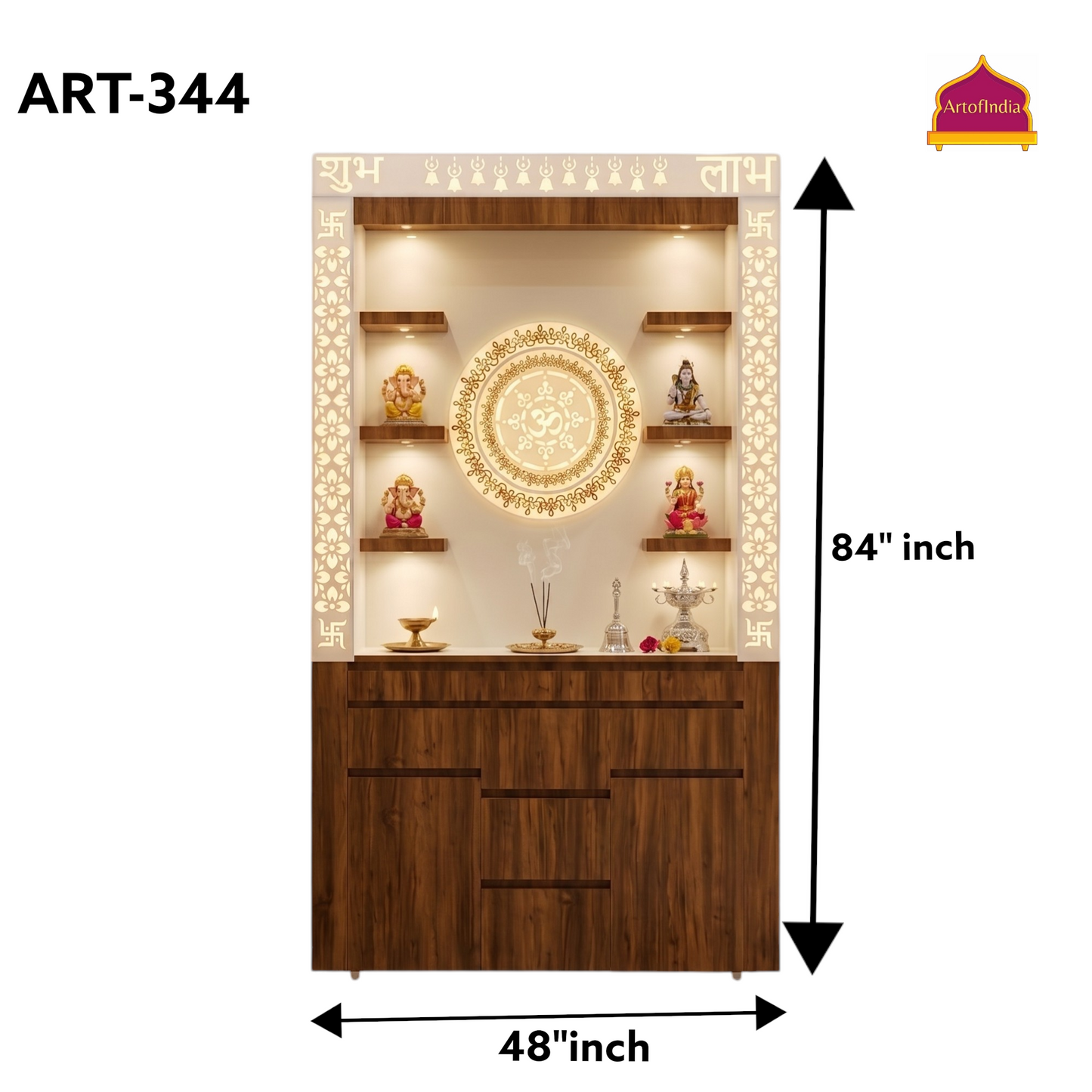 ARTOFINDIA White Brown Wooden Pooja Mandir  With Om  Acrlyic gola With Drawers Including Tray