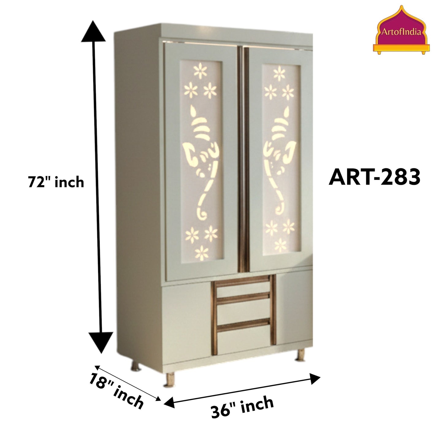 ARTOFINDIA White Wooden Pooja Mandir  With Ganesha doors ,Hanuman Design  with profile & shelfs  and drawers & tray