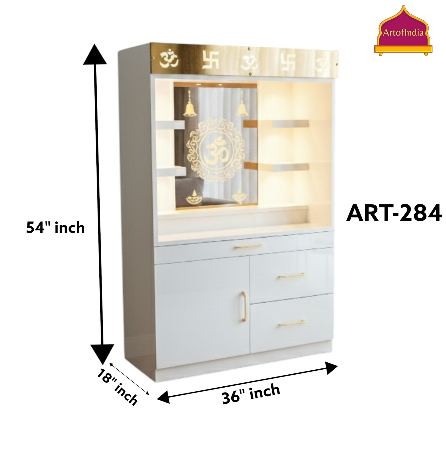 ARTOFINDIA White Wooden Pooja Mandir  With Om Glass  and drawers & tray