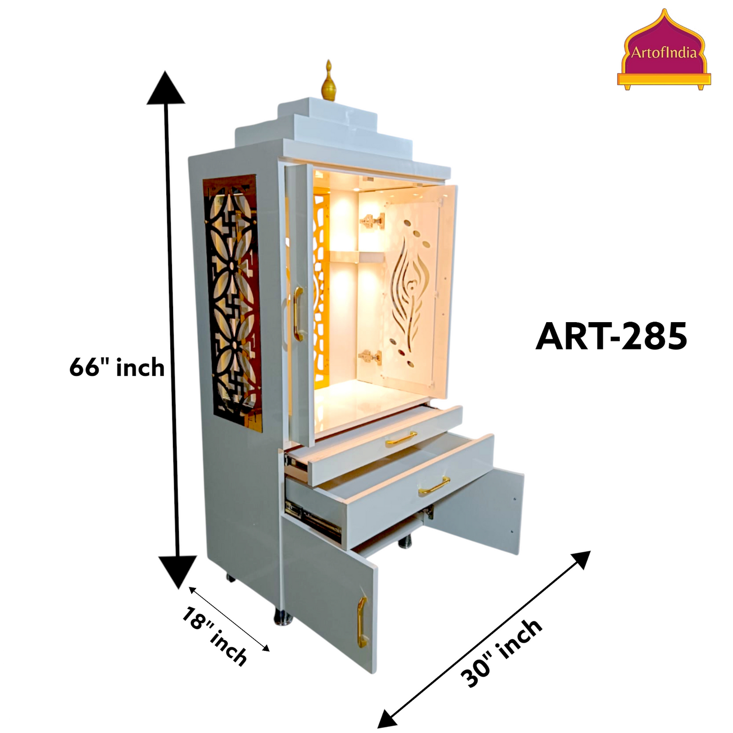 ARTOFINDIA White Wooden Pooja Mandir  With Om jali  and drawers & tray