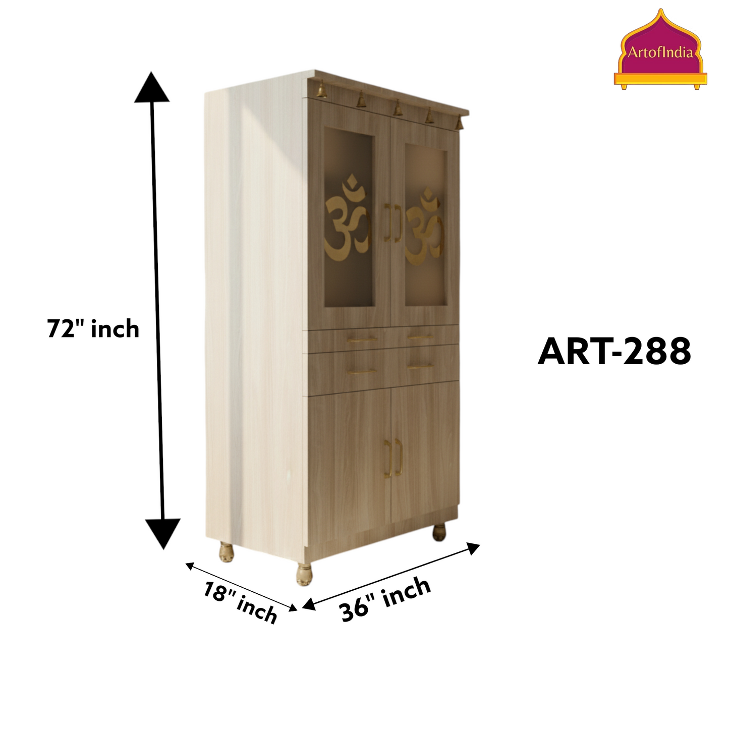 ARTOFINDIA White Wooden Pooja Mandir With Glass Doors & Ganesha glass and Drawers Included Tray