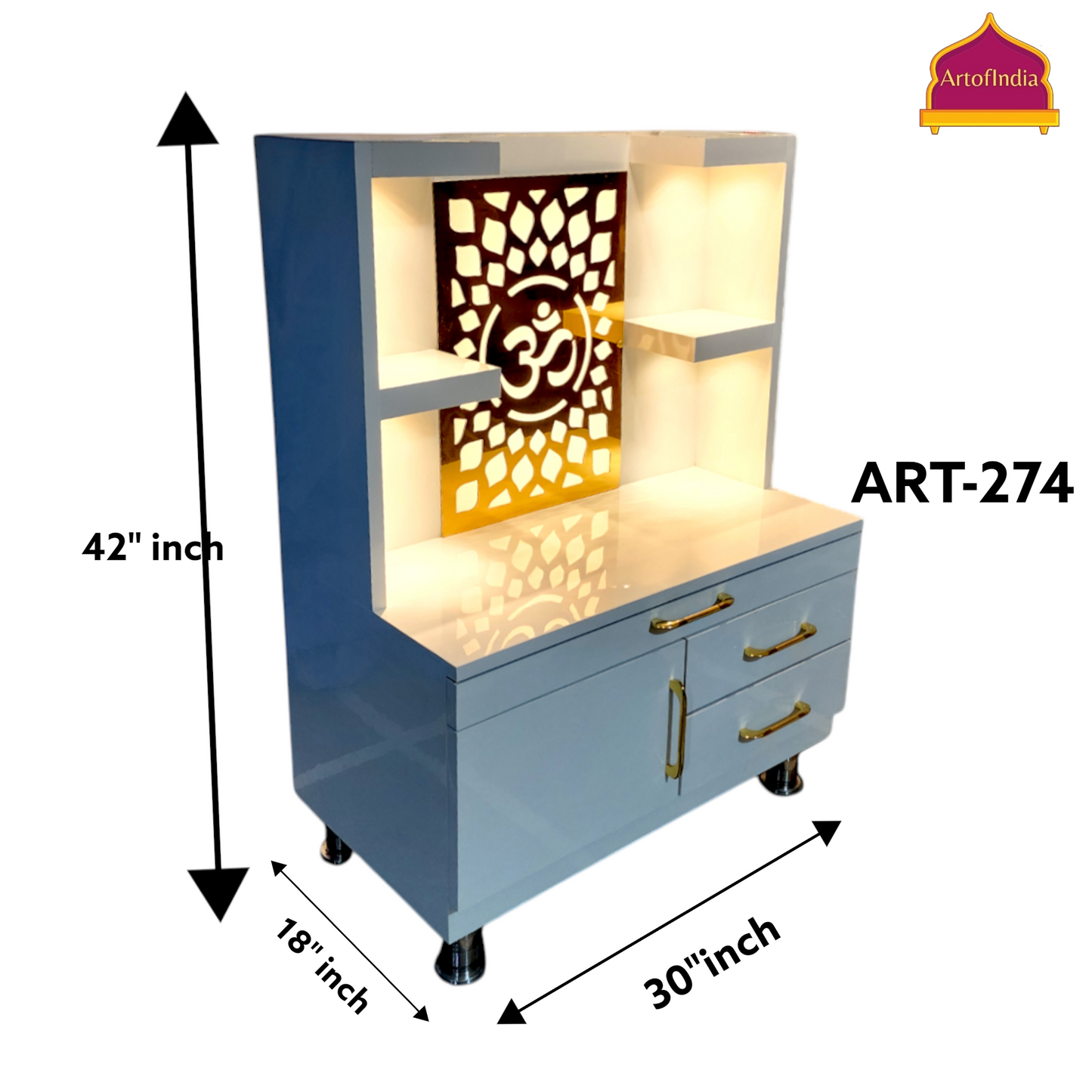 ARTOFINDIA White Wooden Pooja Mandir  ,Om jali  with shelfs  and drawers &tray