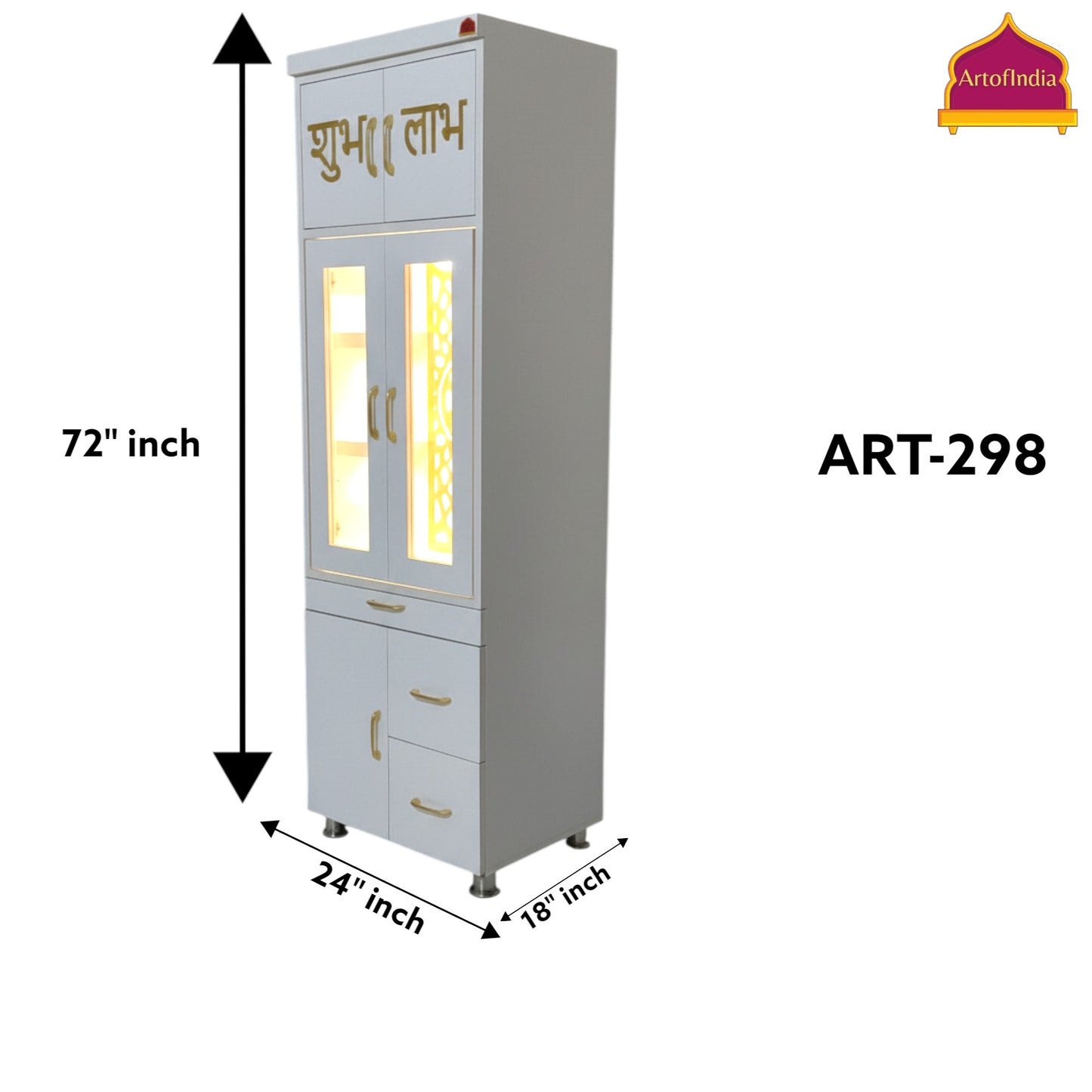 ARTOFINDIA White Wooden Pooja Mandir With  Om Jali & Shelfs and Drawers Included Tray