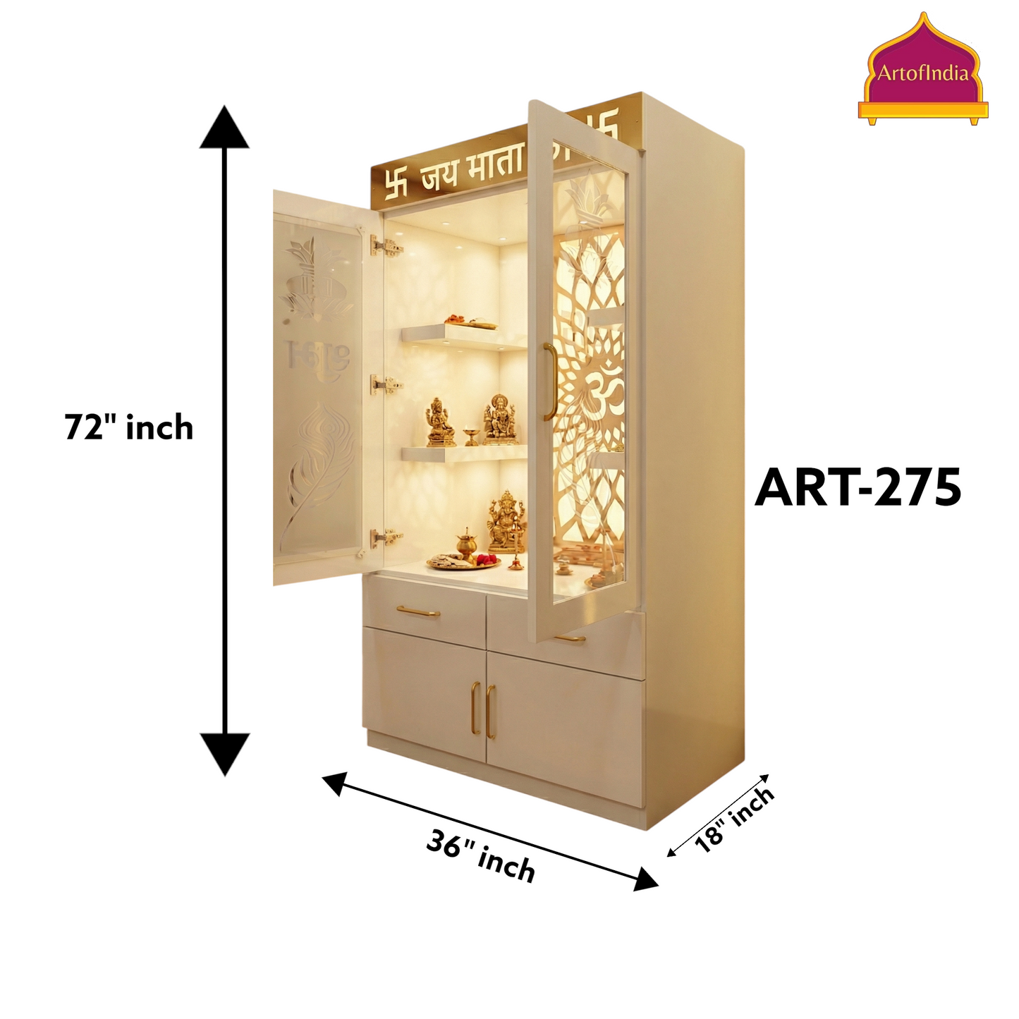 ARTOFINDIA White Wooden Pooja Mandir With  mor pankh doors ,Om jali  with shelfs  and drawers &tray