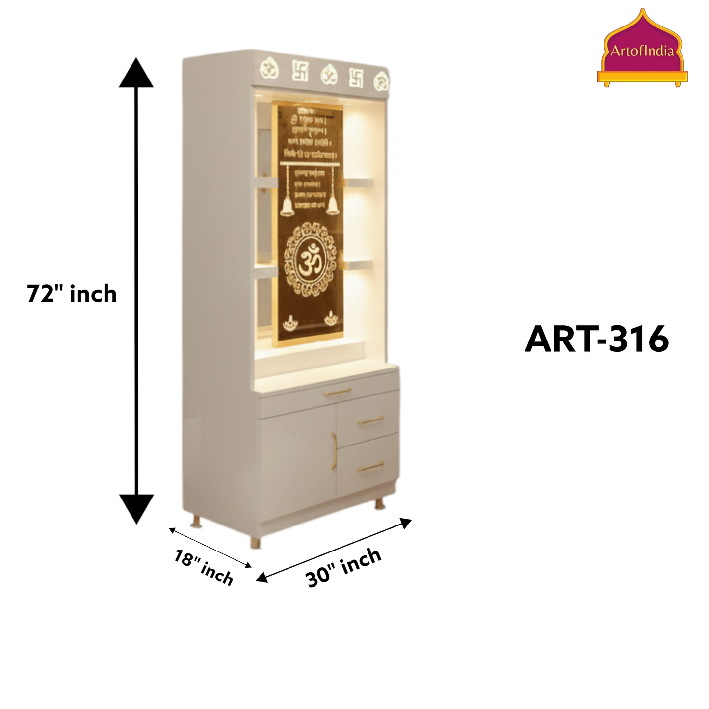 ARTOFINDIA White Wooden Pooja Mandir With Om Design Glass With  Drawers Included Tray