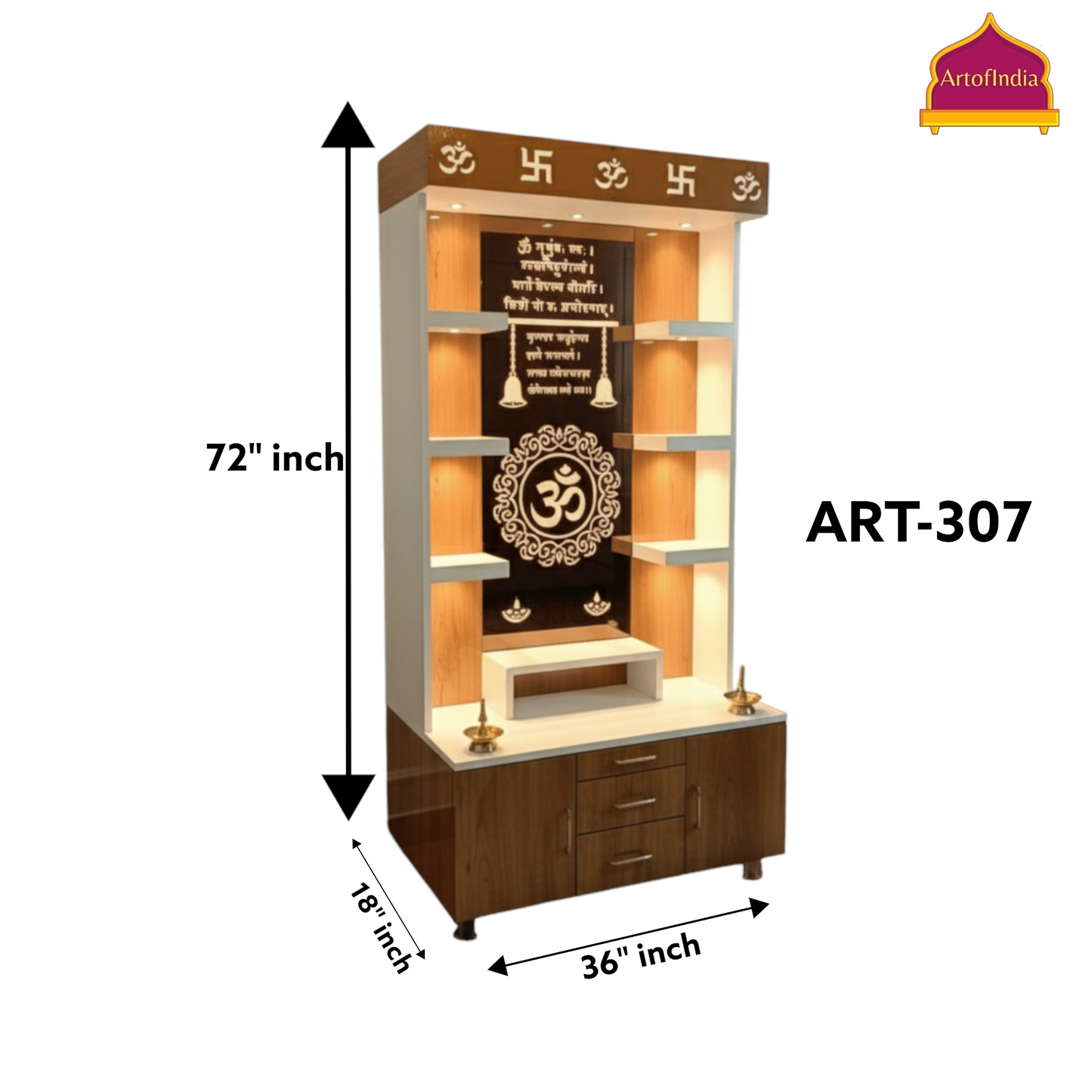 ARTOFINDIA White Brown Wooden Pooja Mandir With Om Glass  and Drawers Included Tray